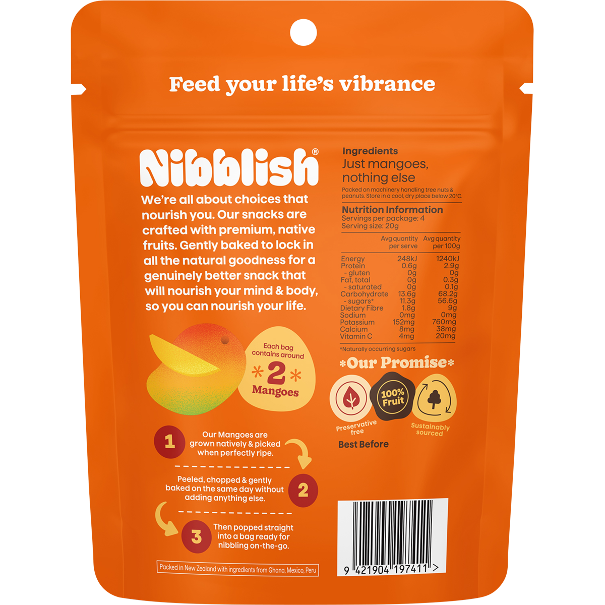 Back of a 80g bag of Nibblish Gently Baked Mango featuring nutritional information and ingredients on a white background.