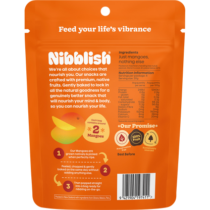 Back of a 80g bag of Nibblish Gently Baked Mango featuring nutritional information and ingredients on a white background.
