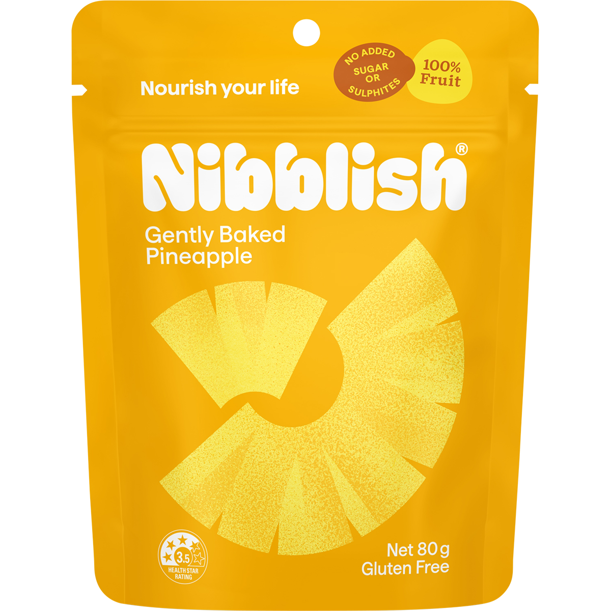 80g bag of Nibblish Gently Baked Pineapple chunks, featuring a yellow and white package with a pineapple illustration.
