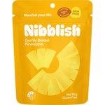 80g bag of Nibblish Gently Baked Pineapple chunks, featuring a yellow and white package with a pineapple illustration.