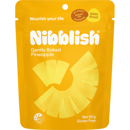 80g bag of Nibblish Gently Baked Pineapple chunks, featuring a yellow and white package with a pineapple illustration.