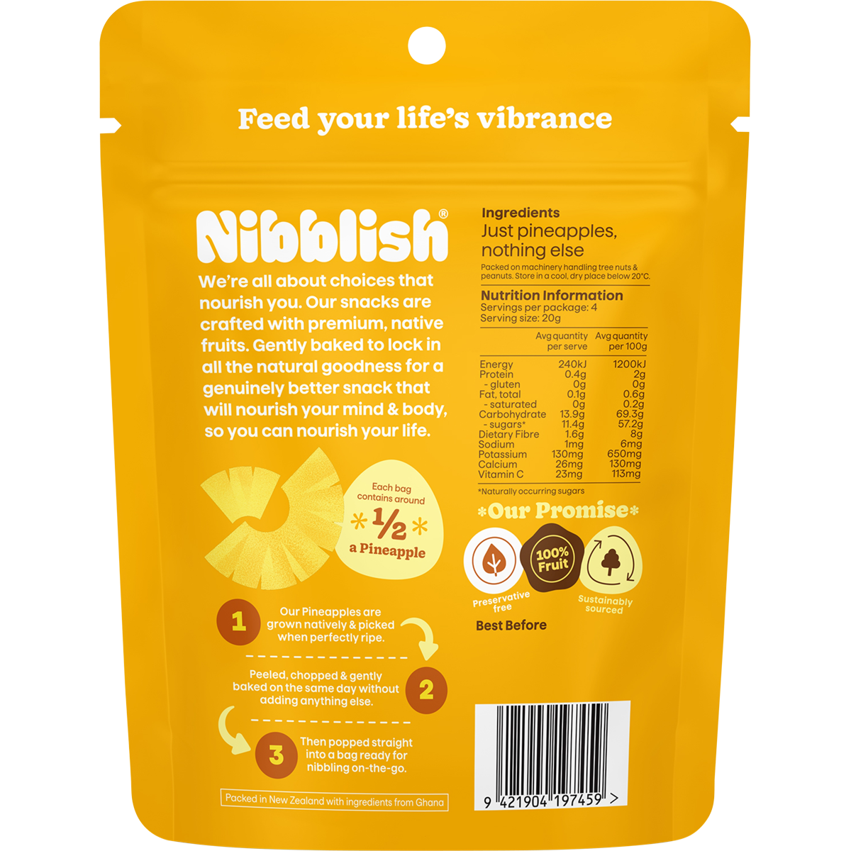 The back of a yellow and white Nibblish Gently Baked Pineapple 80g bag featuring nutritional facts and product details.