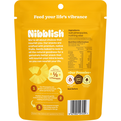 The back of a yellow and white Nibblish Gently Baked Pineapple 80g bag featuring nutritional facts and product details.