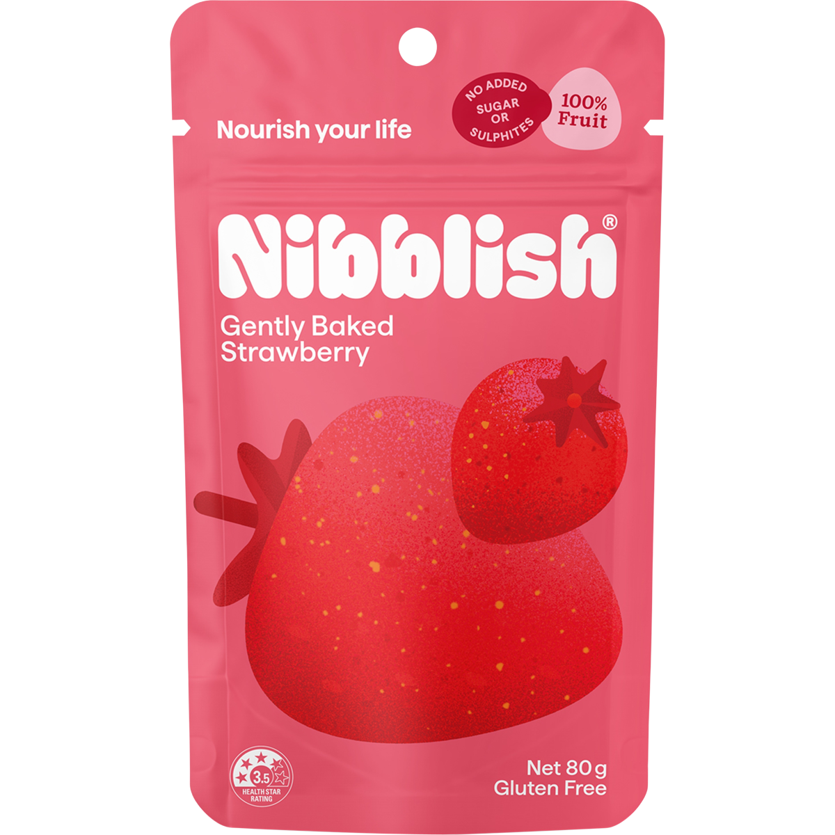 80g bag of Nibblish Gently Baked Strawberry featuring a red package with images of strawberries and apple juice.