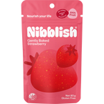 80g bag of Nibblish Gently Baked Strawberry featuring a red package with images of strawberries and apple juice.