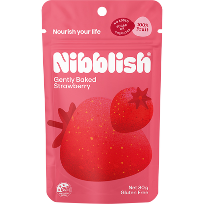 80g bag of Nibblish Gently Baked Strawberry featuring a red package with images of strawberries and apple juice.