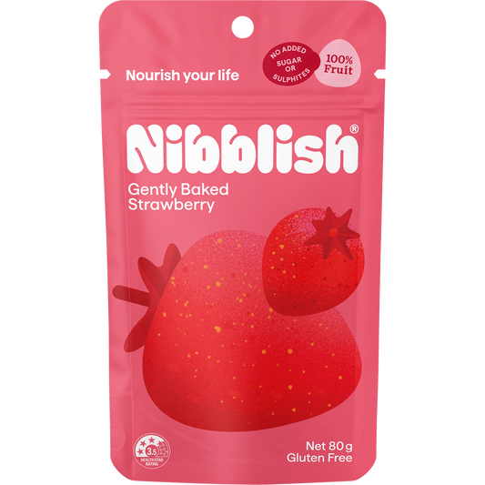 80g bag of Nibblish Gently Baked Strawberry featuring a red package with images of strawberries and apple juice.