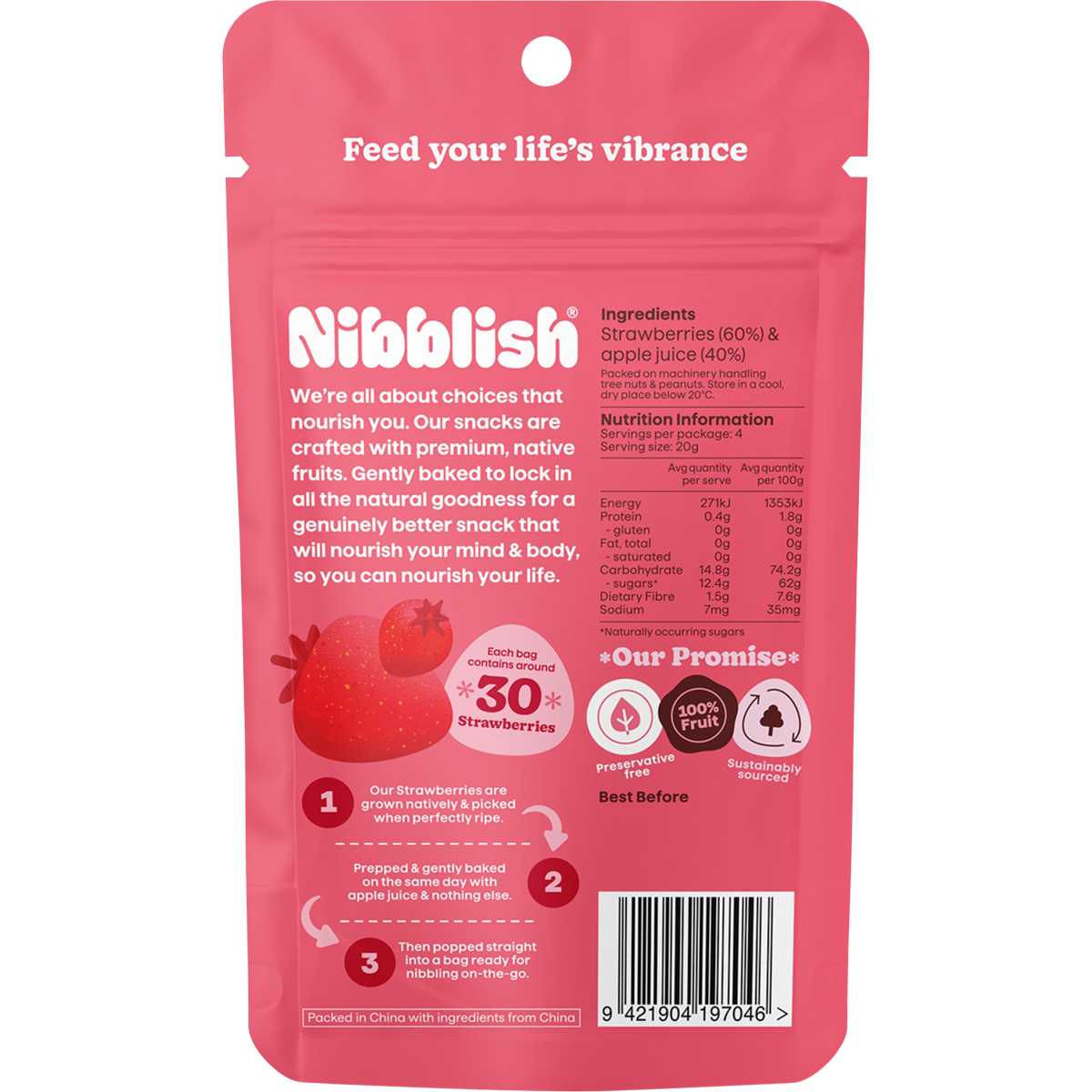 The back of a red Nibblish Gently Baked Strawberry bag showing nutritional information and a barcode.