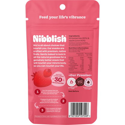 The back of a red Nibblish Gently Baked Strawberry bag showing nutritional information and a barcode.
