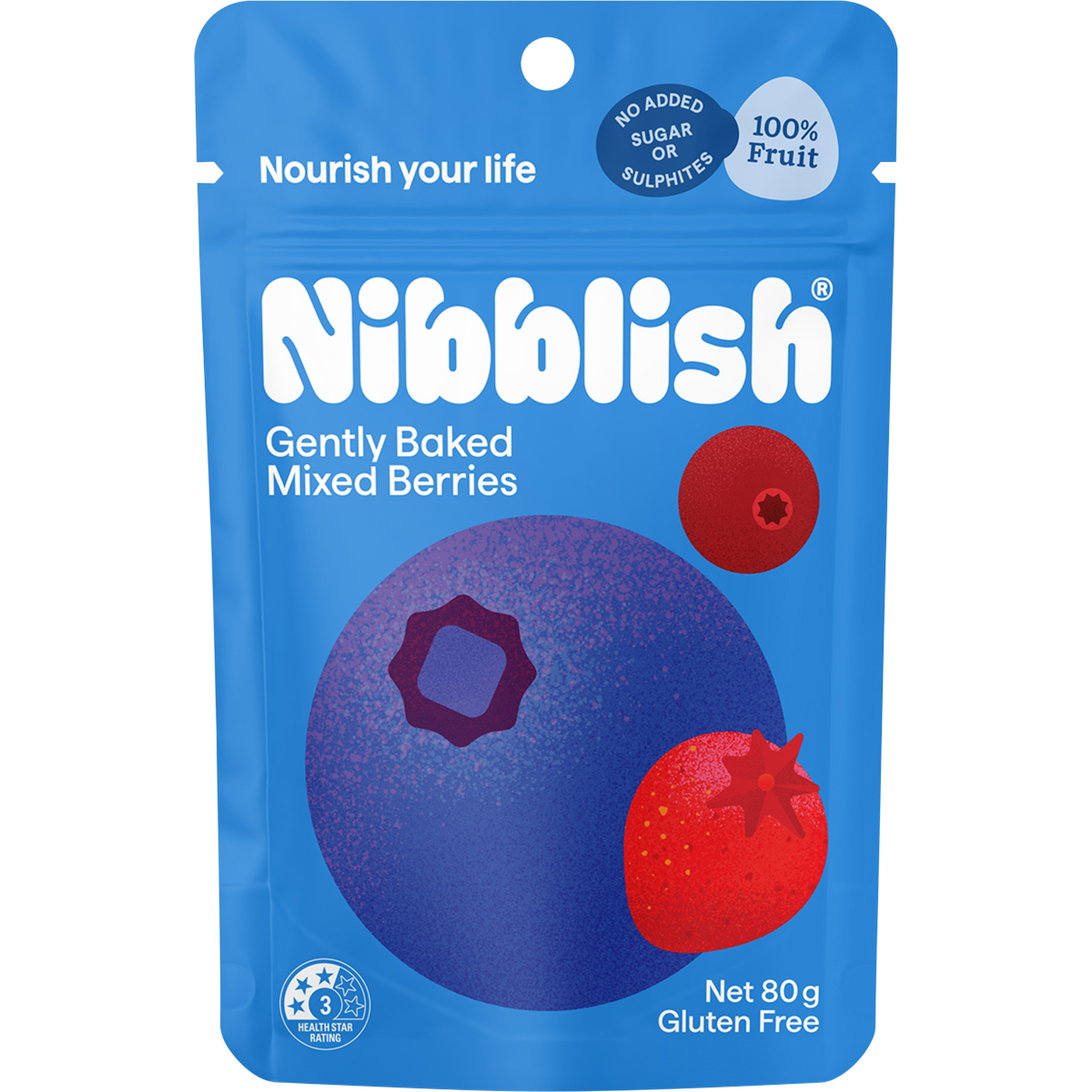 80g bag of Nibblish Gently Baked Mixed Berries with strawberries, blueberries, and blackcurrants on the label.