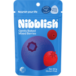 80g bag of Nibblish Gently Baked Mixed Berries with strawberries, blueberries, and blackcurrants on the label.
