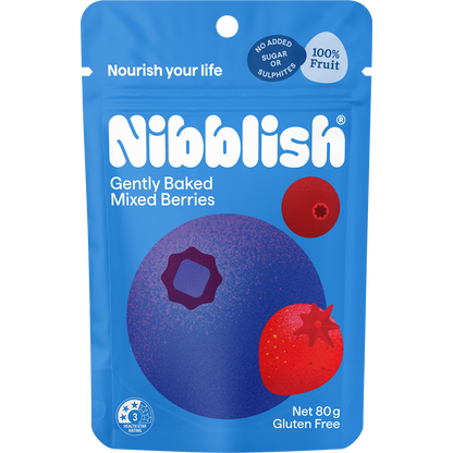 80g bag of Nibblish Gently Baked Mixed Berries with strawberries, blueberries, and blackcurrants on the label.
