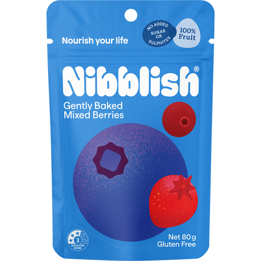 80g bag of Nibblish Gently Baked Mixed Berries with strawberries, blueberries, and blackcurrants on the label.