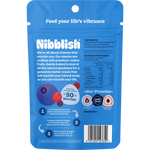 Back of a Nibblish Gently Baked Mixed Berries 80g bag showing nutritional facts and ingredients.
