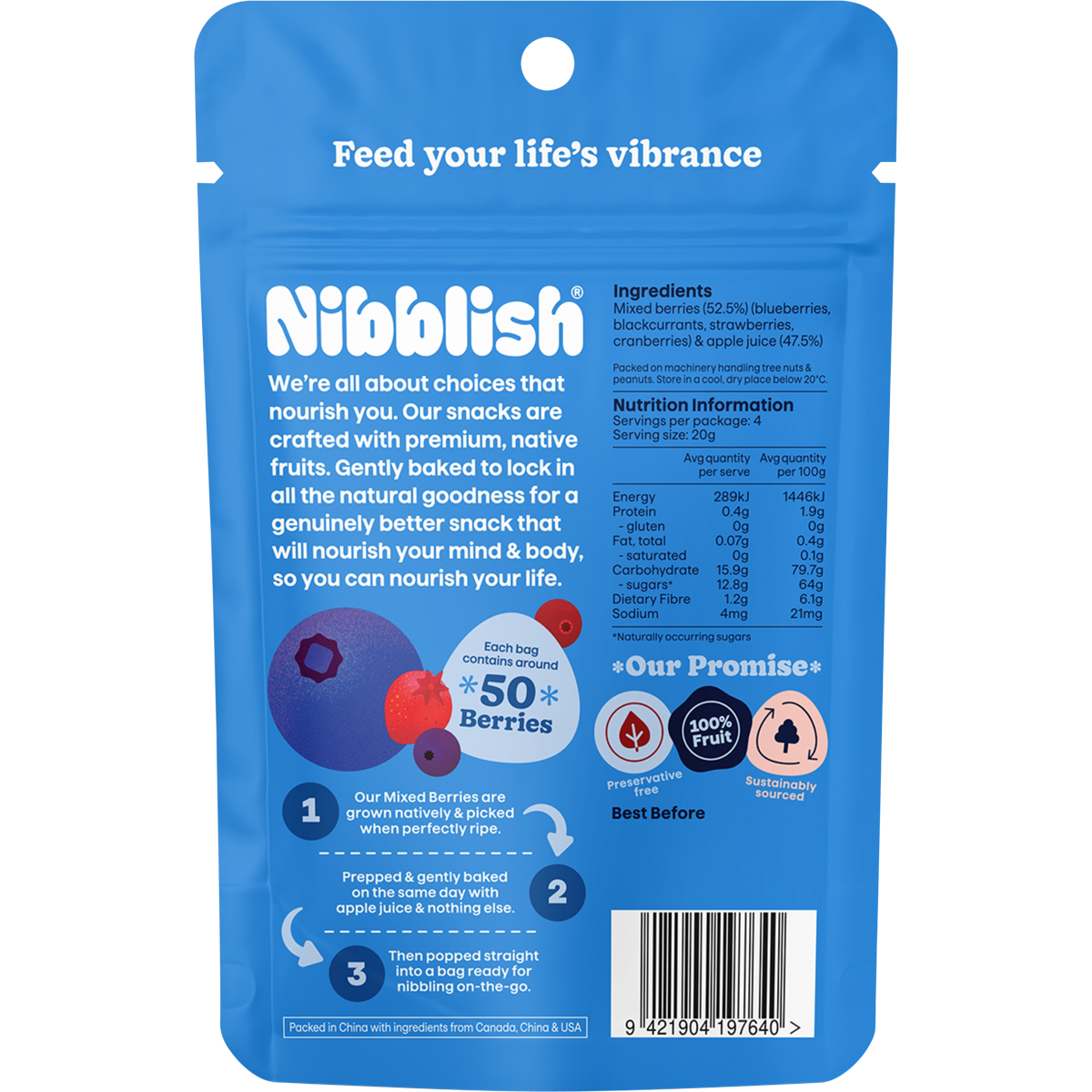Back of a Nibblish Gently Baked Mixed Berries 80g bag showing nutritional facts and ingredients.