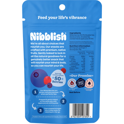 Back of a Nibblish Gently Baked Mixed Berries 80g bag showing nutritional facts and ingredients.