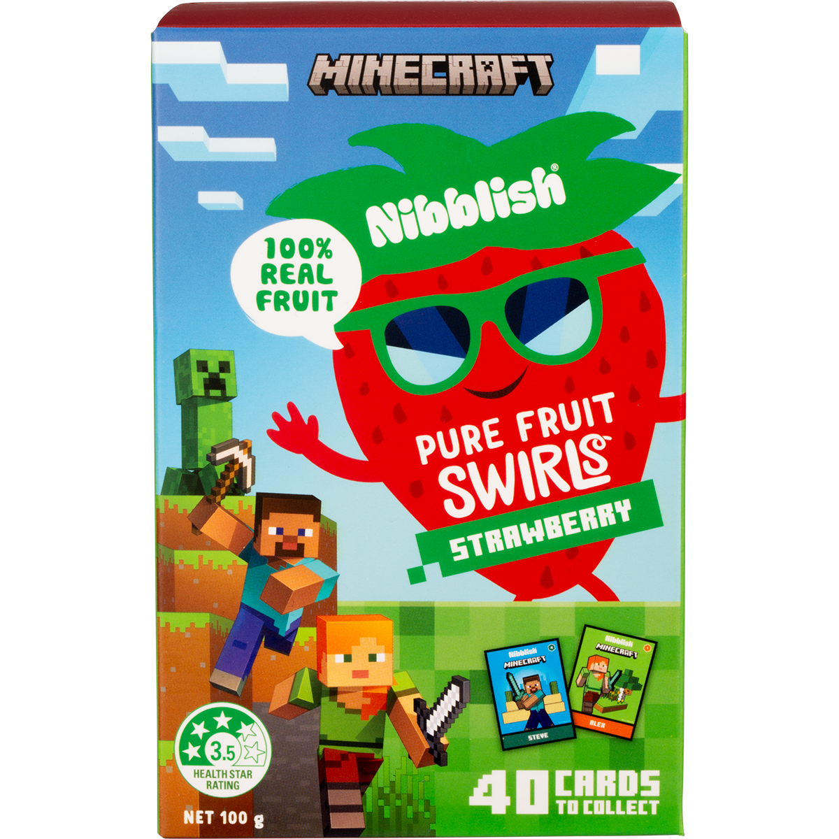 Nibblish Pure Fruit Swirls Strawberry 100g bag featuring red fruit swirls and Minecraft character artwork.