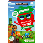 Nibblish Pure Fruit Swirls Strawberry 100g bag featuring red fruit swirls and Minecraft character artwork.