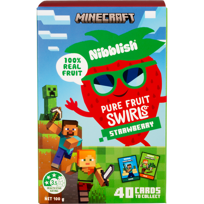 Nibblish Pure Fruit Swirls Strawberry 100g bag featuring red fruit swirls and Minecraft character artwork.