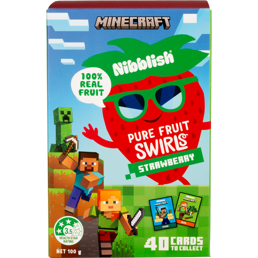 Nibblish Pure Fruit Swirls Strawberry 100g bag featuring red fruit swirls and Minecraft character artwork.