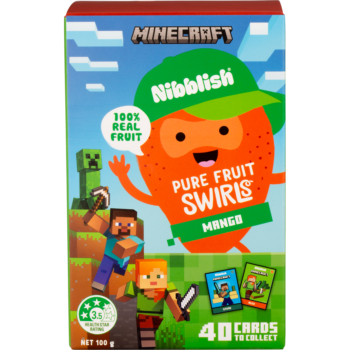Nibblish Pure Fruit Swirls Mango 100g pack featuring a yellow mango illustration and Minecraft branding.