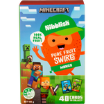 Nibblish Pure Fruit Swirls Mango 100g pack featuring a yellow mango illustration and Minecraft branding.