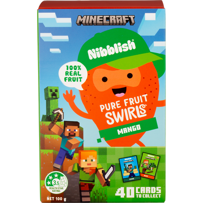 Nibblish Pure Fruit Swirls Mango 100g pack featuring a yellow mango illustration and Minecraft branding.