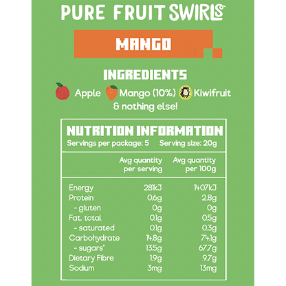 A pack of Nibblish Mango Pure Fruit Swirls and two yellow fruit twists on a white background.