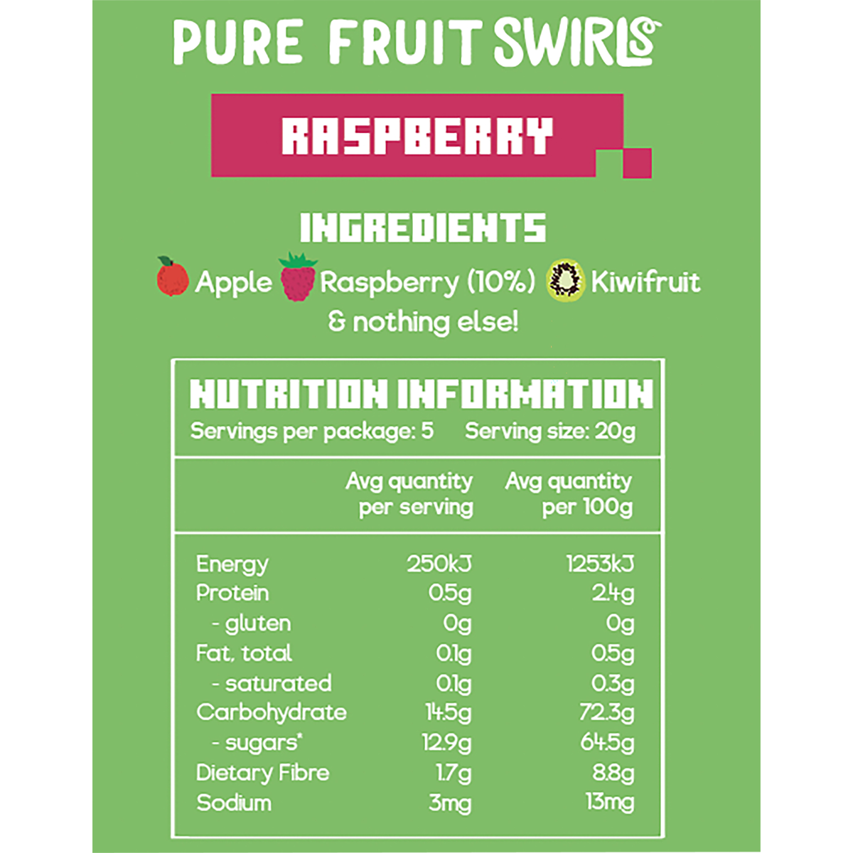 Nibblish Raspberry Pure Fruit Swirls in a 100g pink and white bag, featuring 100% fruit and no added sugar.