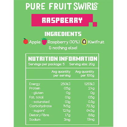 Nibblish Raspberry Pure Fruit Swirls in a 100g pink and white bag, featuring 100% fruit and no added sugar.