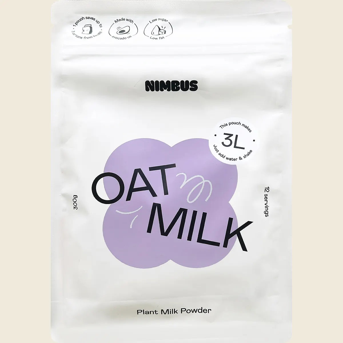 Nimbus oat milk plant milk powder package on a beige background