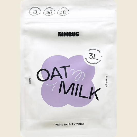 Nimbus oat milk plant milk powder package on a beige background