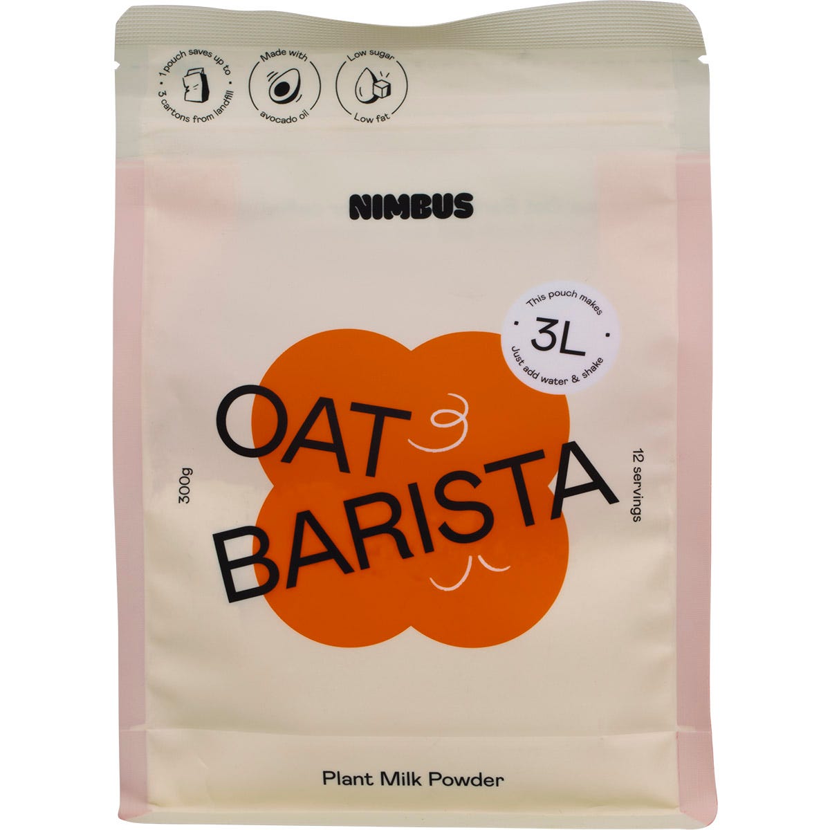 300g pouch of Nimbus Oat Barista Milk Powder with a pink label featuring botanical illustrations.