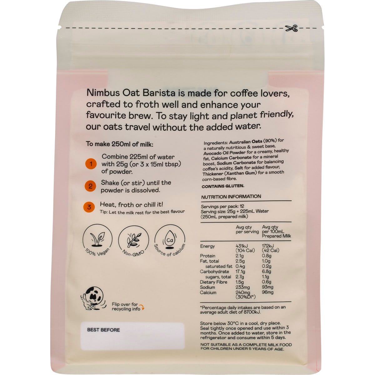 Back of a 300g pouch of Nimbus Oat Barista Milk Powder showing nutritional information and directions for use.