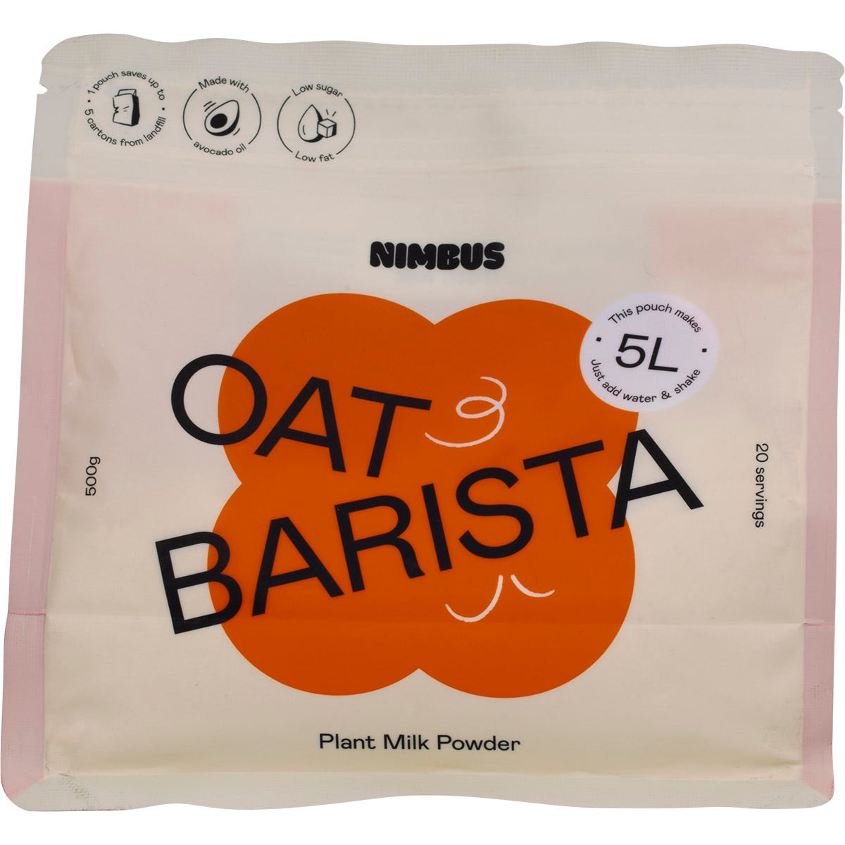 Nimbus Oat Barista Milk Powder 500g pouch featuring Australian oats and avocado oil on a white background.