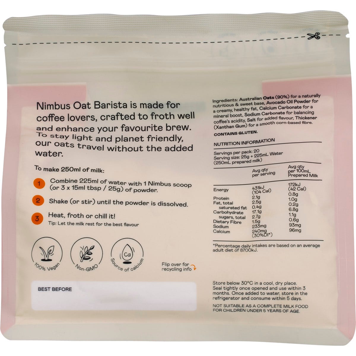 Back of Nimbus Oat Barista Milk Powder 500g pouch with nutritional facts and usage instructions on a white background.