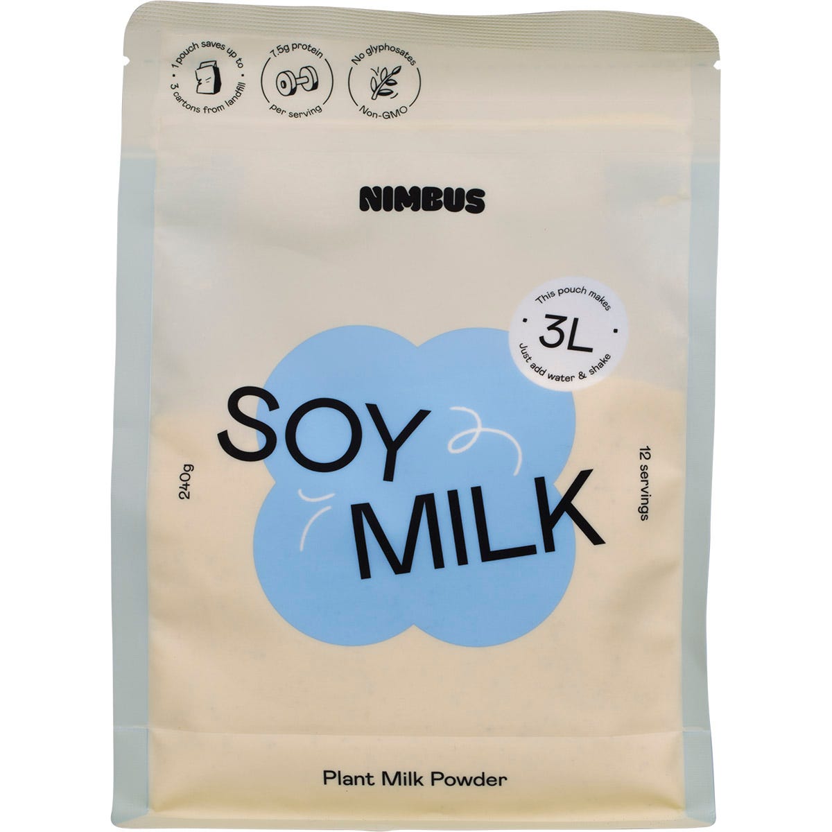 Nimbus Soy Milk Powder 240g pouch featuring a creamy glass of milk and yellow branding on a white background.