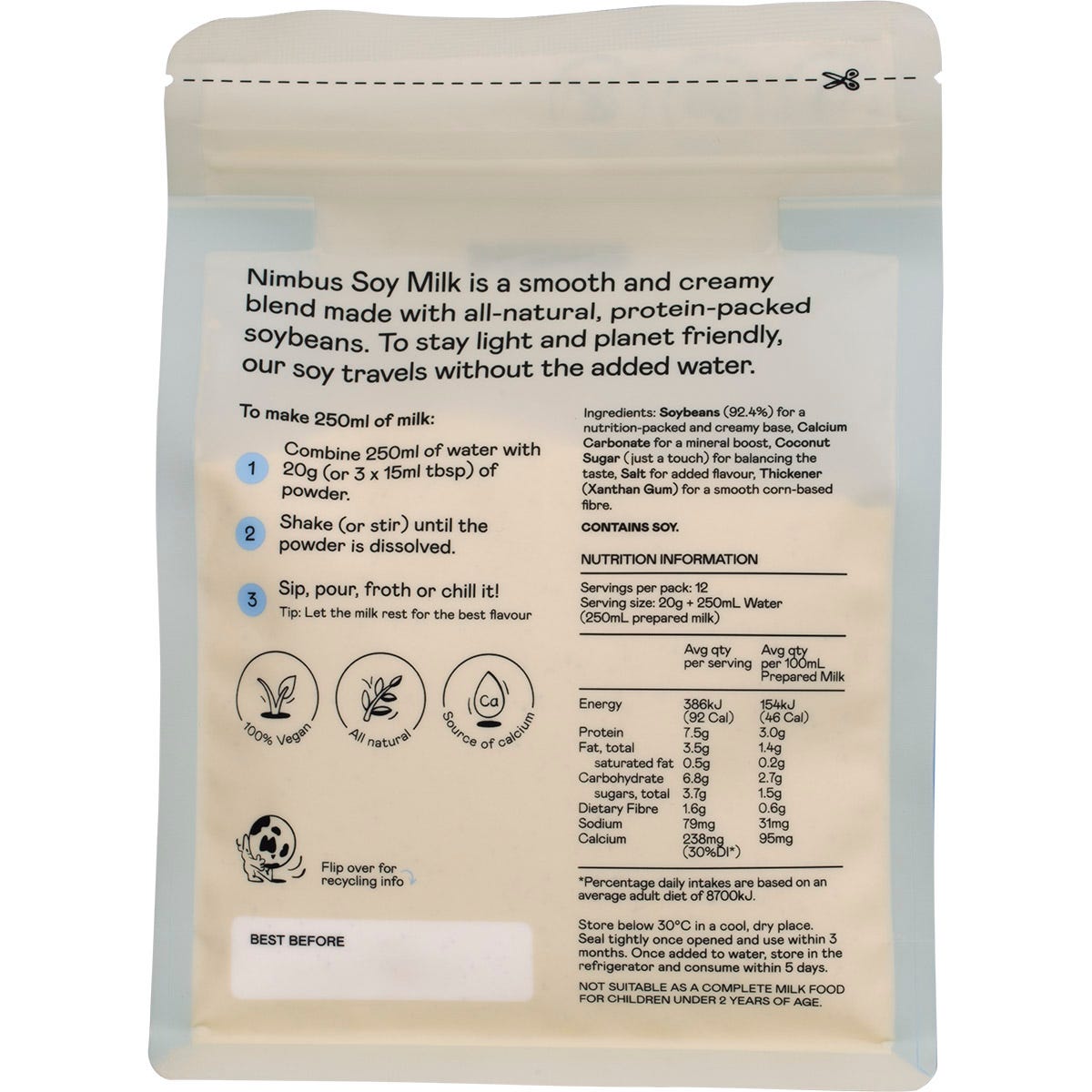 Back of a Nimbus Soy Milk Powder 240g pouch showing nutritional facts, ingredients, and preparation instructions.