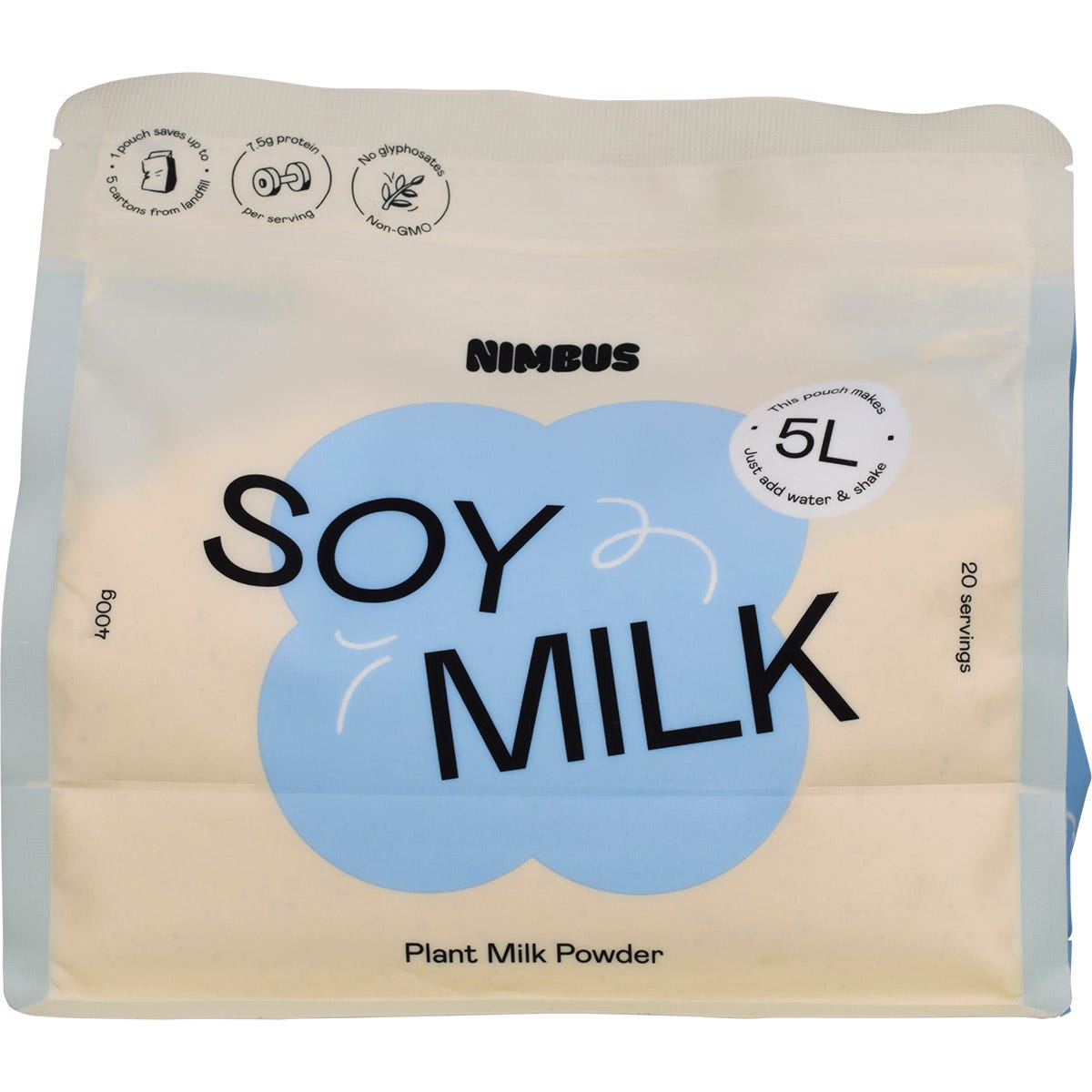400g pouch of Nimbus Soy Milk Powder, a creamy plant-based dairy alternative made from all-natural soybeans.