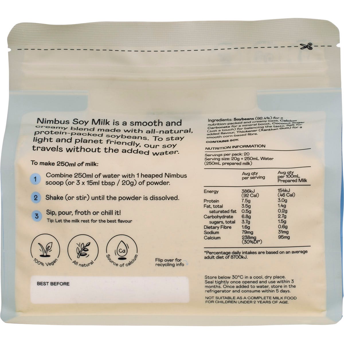 Back of a Nimbus Soy Milk Powder 400g pouch showing nutritional information and directions on a white background.