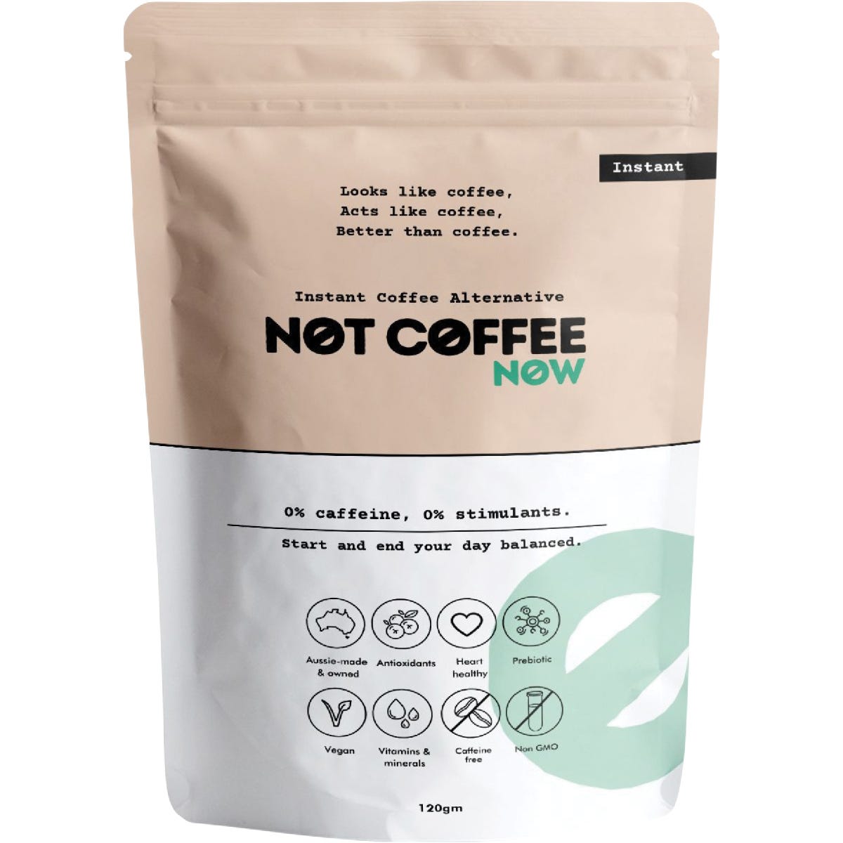 120g pouch of Not Coffee Instant Coffee Alternative featuring a dark brown label with a cup of coffee illustration.