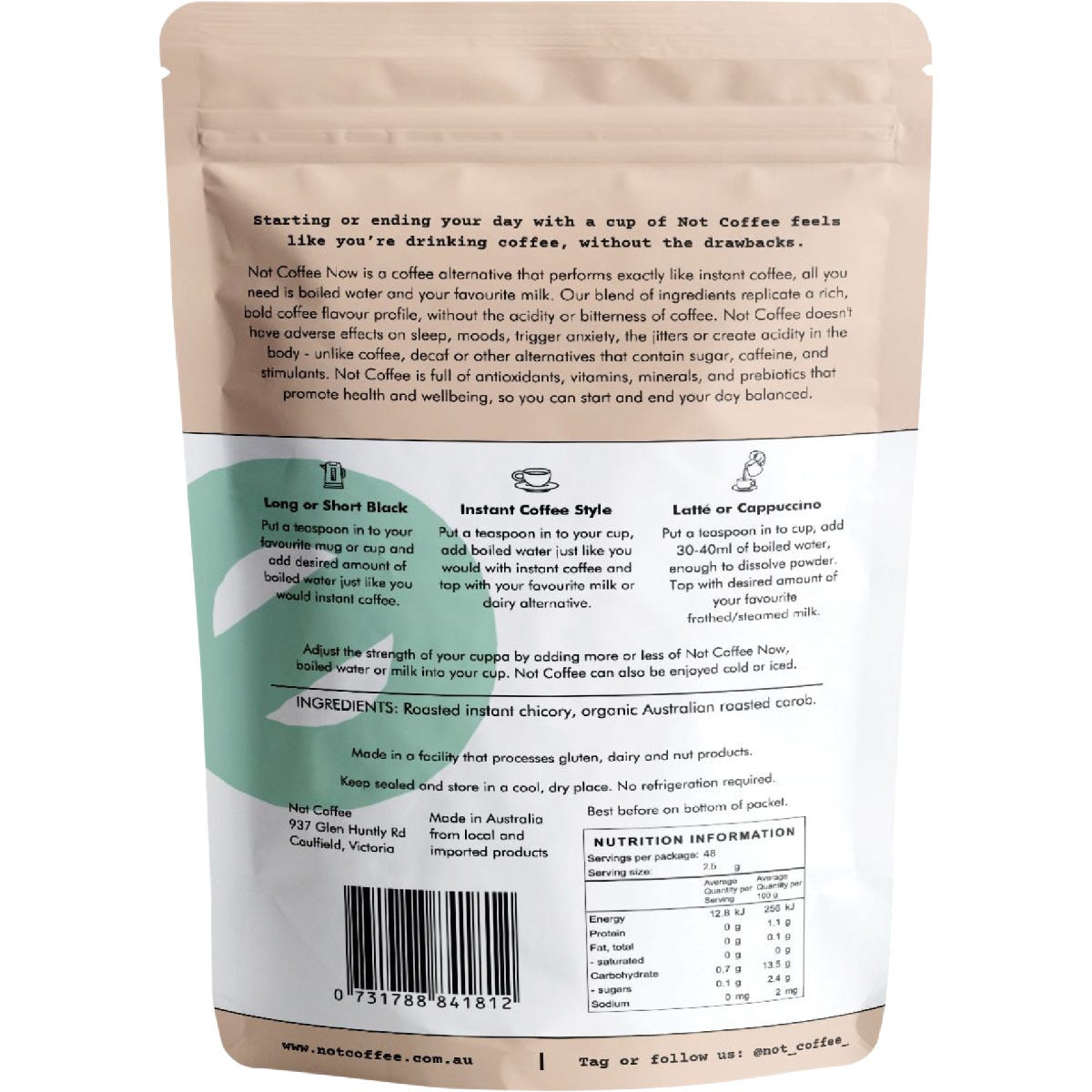 Back of a 120g Not Coffee pouch showing nutritional information, ingredients, and brewing instructions.