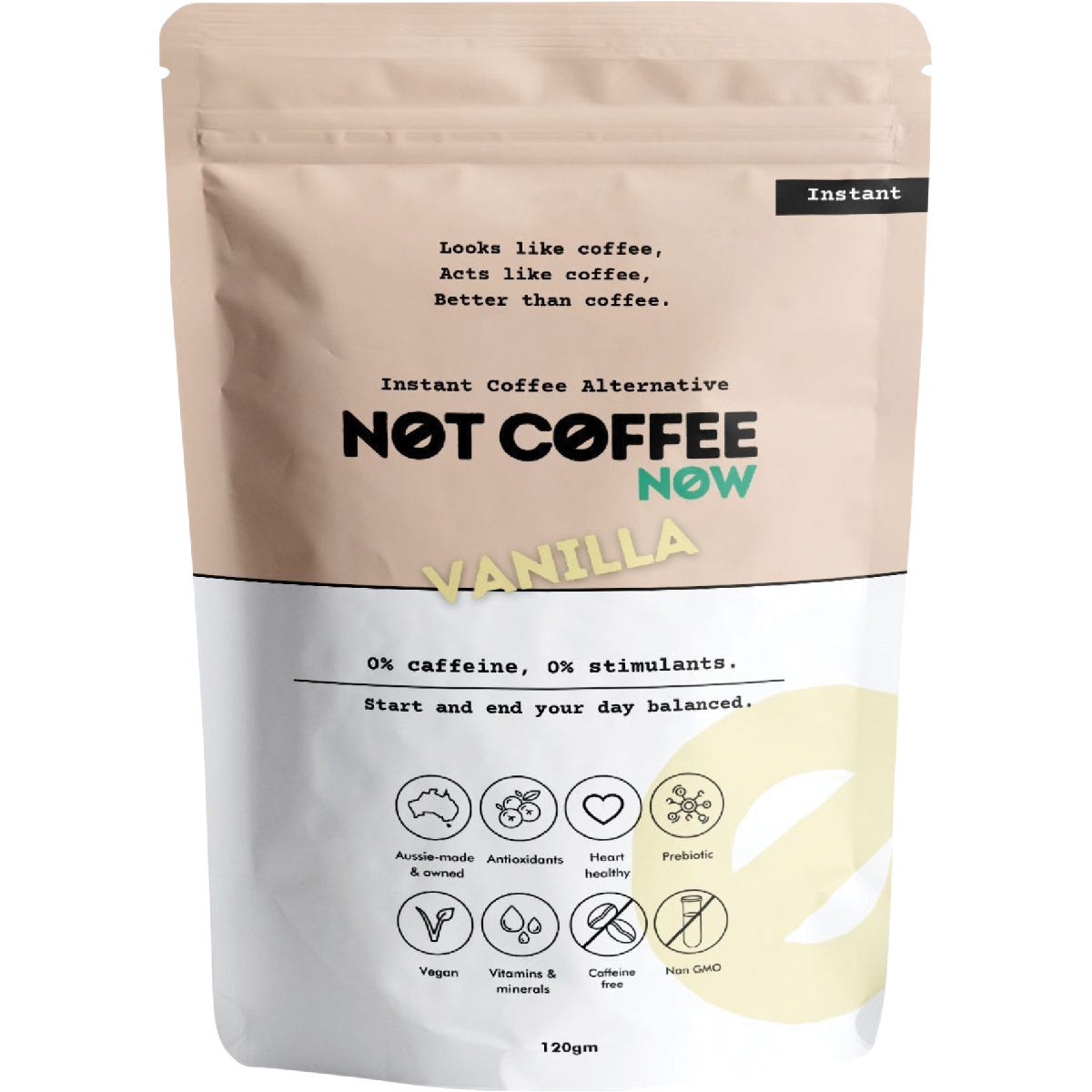 120g bag of Not Coffee Instant Coffee Alternative Vanilla with chicory and organic carob on a white background.