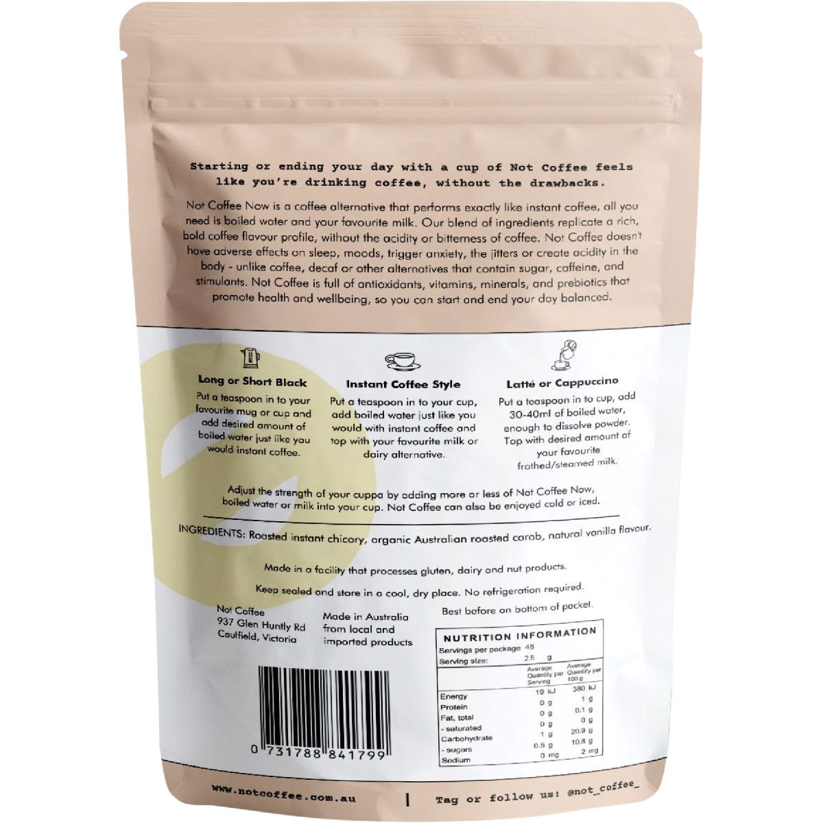 Rear of Not Coffee Vanilla 120g bag showing ingredients, nutrition facts, and brewing directions on a white background.