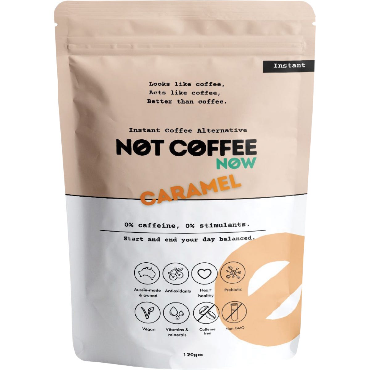 120g tub of Not Coffee Caramel instant coffee alternative with chicory, carob, and natural caramel flavor.