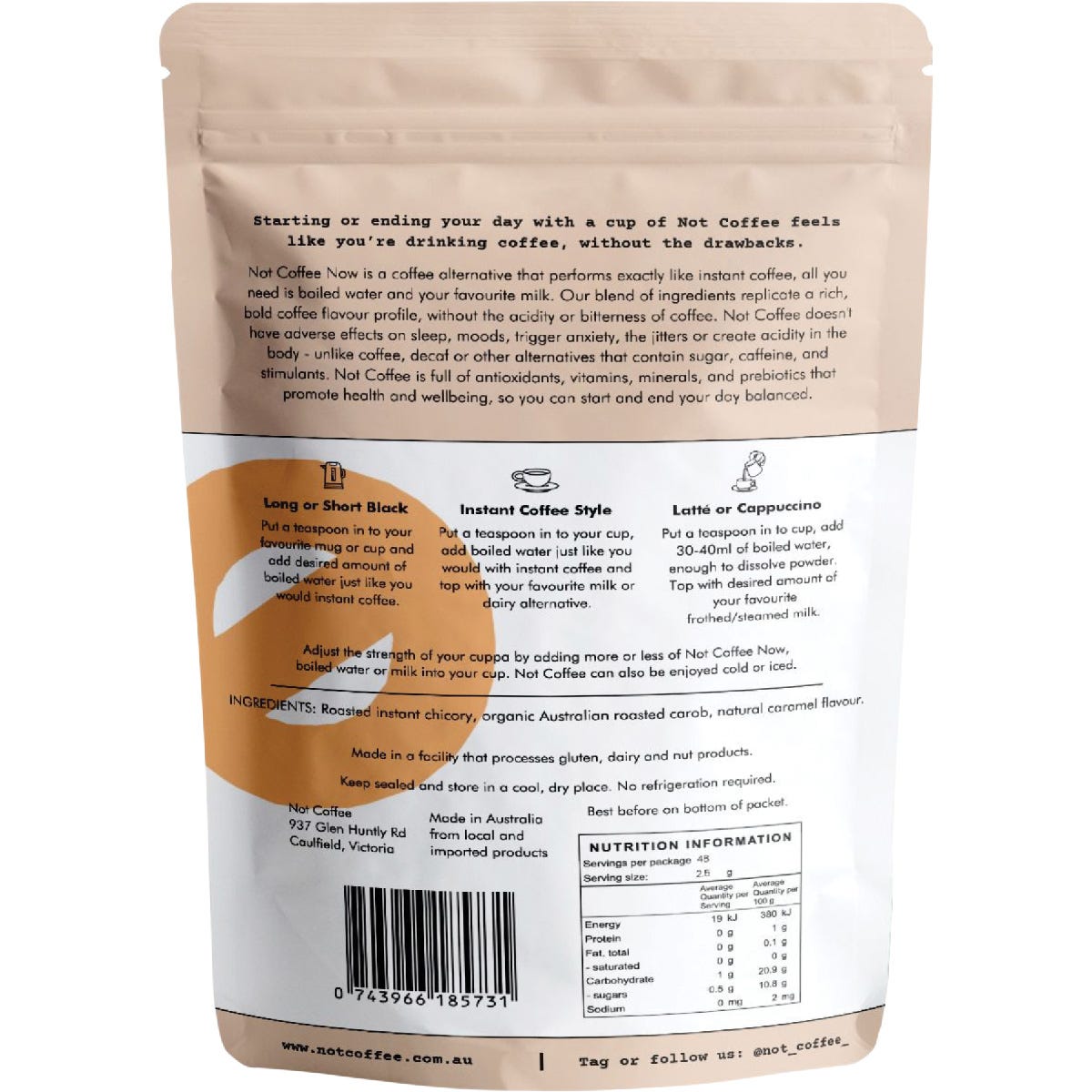 Back of a 120g Not Coffee Caramel tub showing nutritional information and ingredients on a white background.