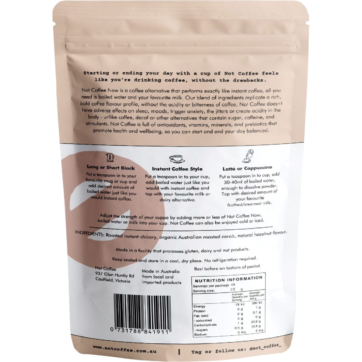 Back of Not Coffee 120g Hazelnut Instant Coffee Alternative bag showing nutritional facts and ingredients.