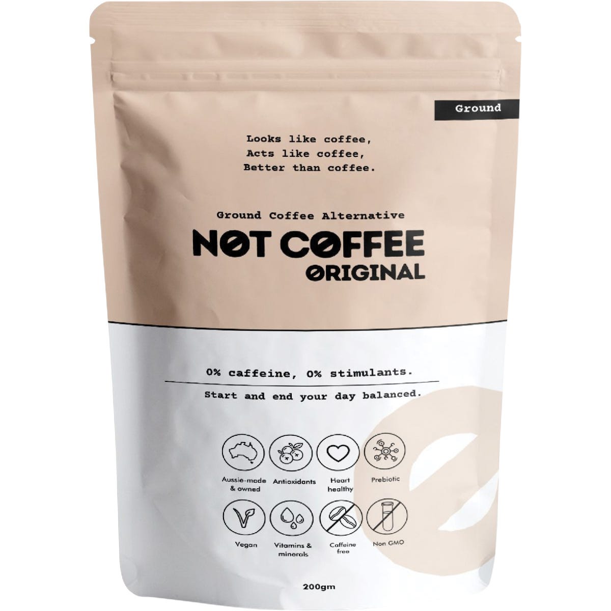 Not Coffee Ground Coffee Alternative Original 200g bag with a white and gold label on a clean white background.