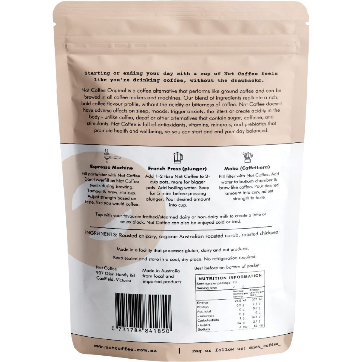 Rear view of a 200g Not Coffee Original bag showing brewing instructions and nutrition facts.