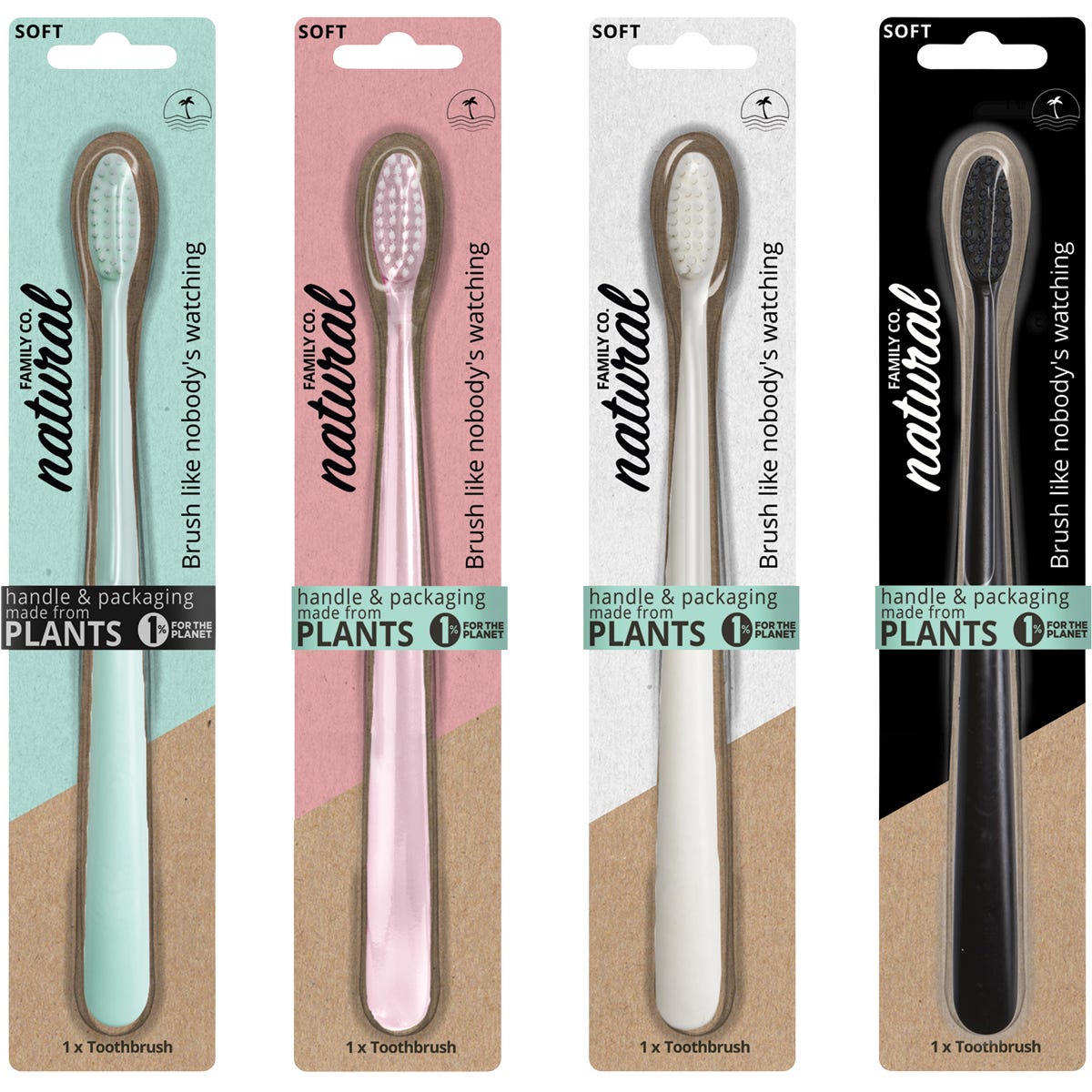 A pack of eight NFco. Bio Toothbrushes in assorted colors with soft bristles and biodegradable cornstarch handles.